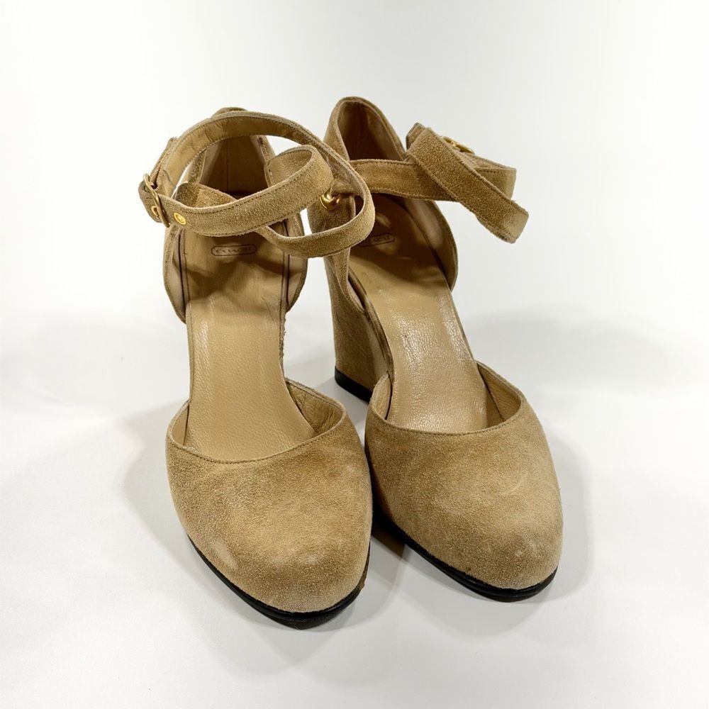 Coach Tan Suede Wedge Shoes with Ankle Wrap Strap – Size 7.5